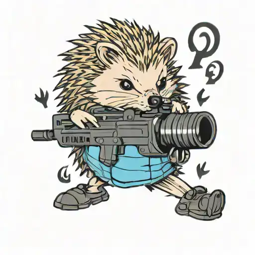 Hedgehog in the forest with a machine gun wrapped tattoo design idea