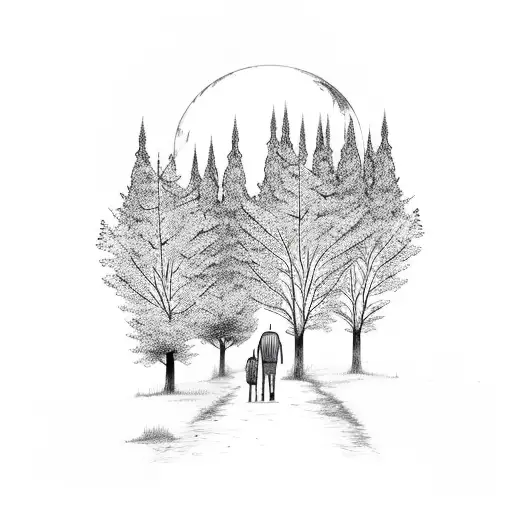 a couple walking down a long forest road with trees on either side and the moon shining through the trees tattoo design idea