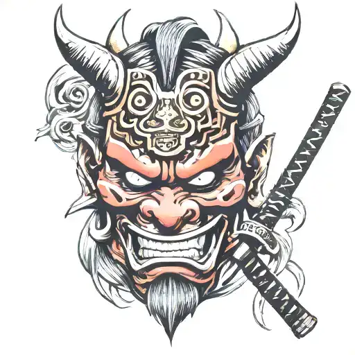 samurai oni mask and katana tattoo design idea