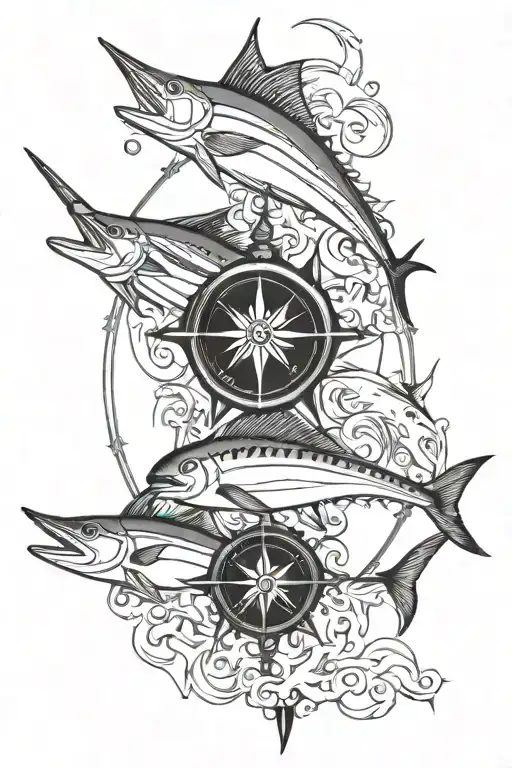 tuna marlin dolphin mahimahi swordfish tattoo with compass tattoo design idea
