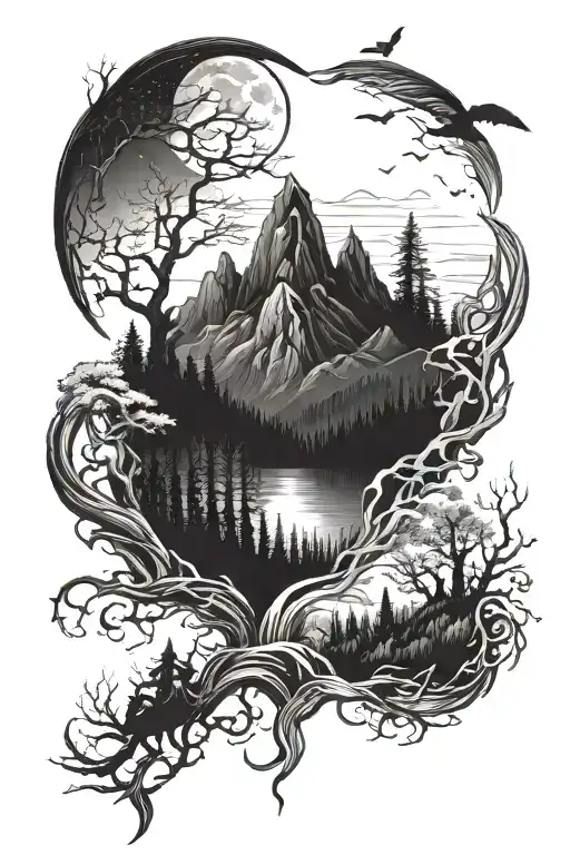 colorfoul tattoo of dark mountain landscape in to river and forest and a dark witch doing witchcraft  tattoo design idea