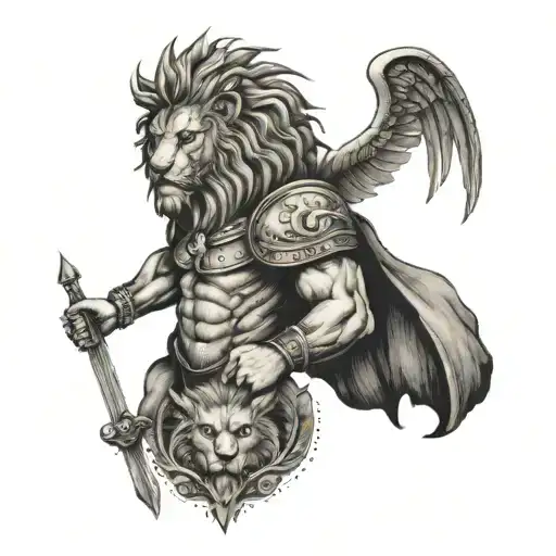 A tattoo design of a warrior with a lion head and wings, symbolizing strength and loyalty tattoo design idea