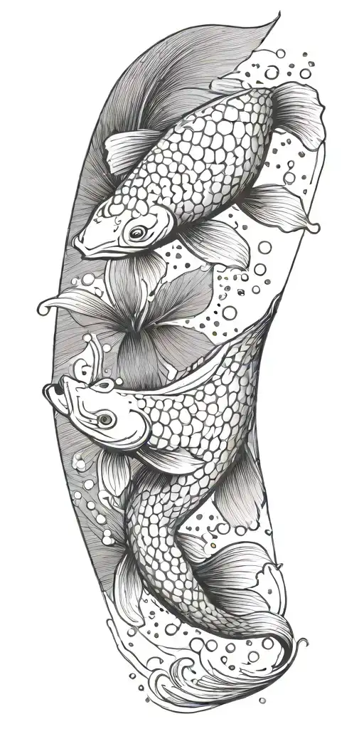 A dotwork tattoo of a koi fish swimming upstream, symbolizing determination and ambition in the manager's career tattoo design idea
