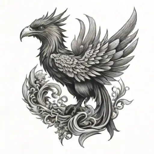 A black and grey tattoo of a powerful phoenix symbolizing strength and rebirth, perfect for a manager tattoo design idea
