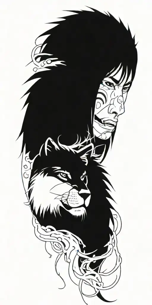 A tattoo design combining elements of Itachi Uchiha and a lion in a Japanese style tattoo design idea