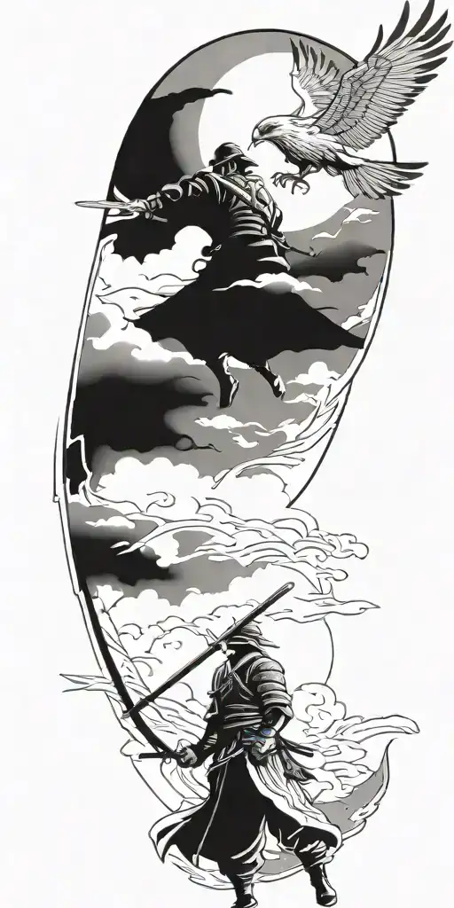 A tattoo of a samurai warrior with a hawk flying above in a GTA style tattoo design idea