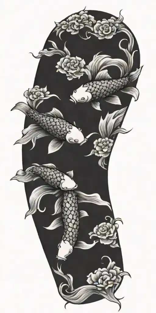 A black and grey Japanese style koi fish with intricate waves and clouds in the background, representing strength and perseverance tattoo design idea