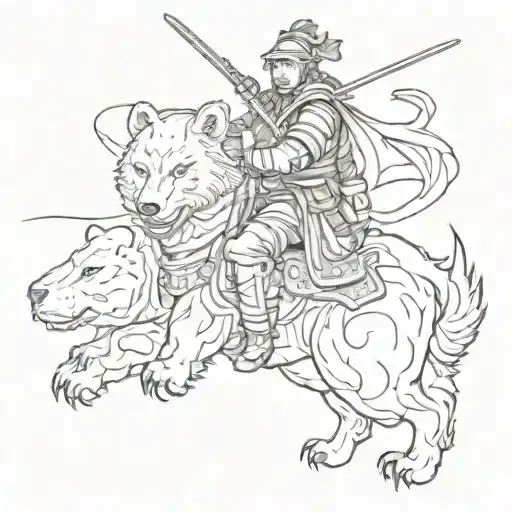 A samurai warrior riding a bear into battle, with anime elements incorporated into the design tattoo design idea