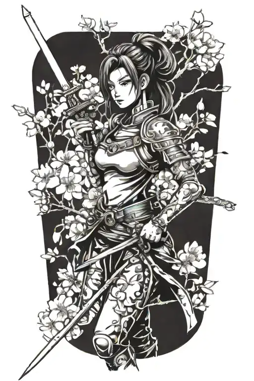 A female warrior in anime style, adorned with Japanese cherry blossoms and wielding a sword tattoo design idea