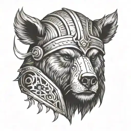 A tattoo design of a bear with a warrior helmet, symbolizing endurance and strength tattoo design idea