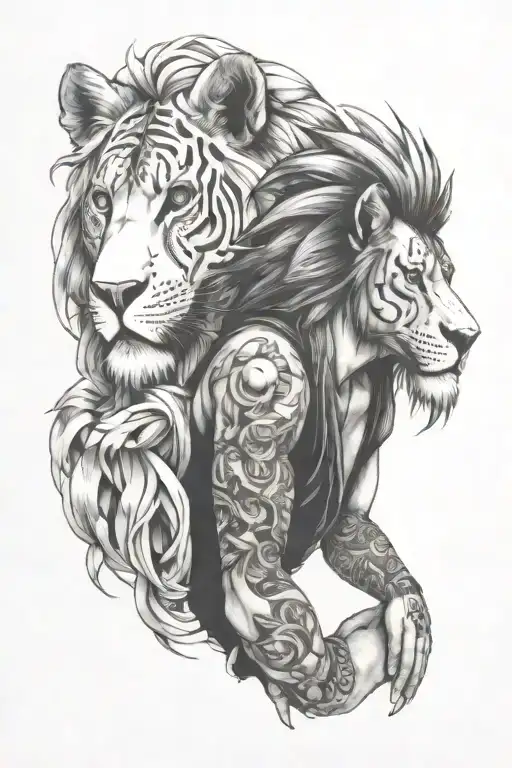 A tattoo design of an anime character with a lion tattoo on their arm, showcasing both pain and loyalty tattoo design idea
