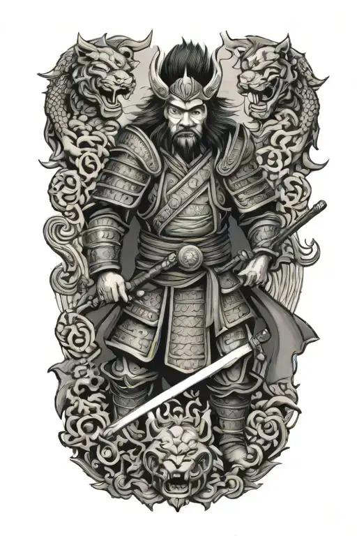 A fierce samurai warrior with dragon and lion motifs, symbolizing strength and courage tattoo design idea