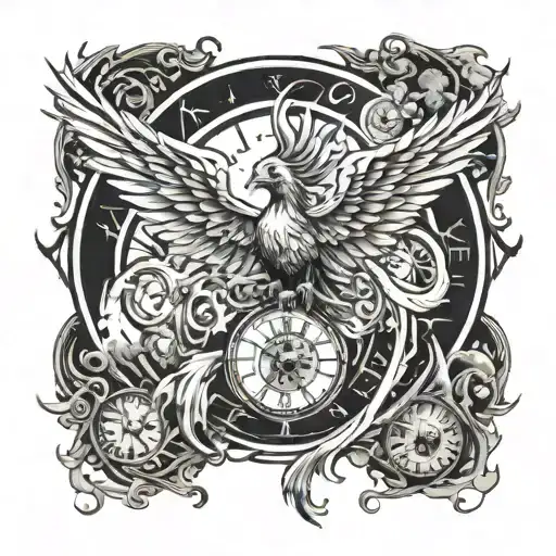 A mystical tattoo featuring an anime-style phoenix rising from the ashes, surrounded by animals and clock symbols representing resilience and the passage of time tattoo design idea