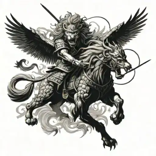 A fierce lion and hawk engaged in battle, with a samurai warrior observing from the sidelines tattoo design idea