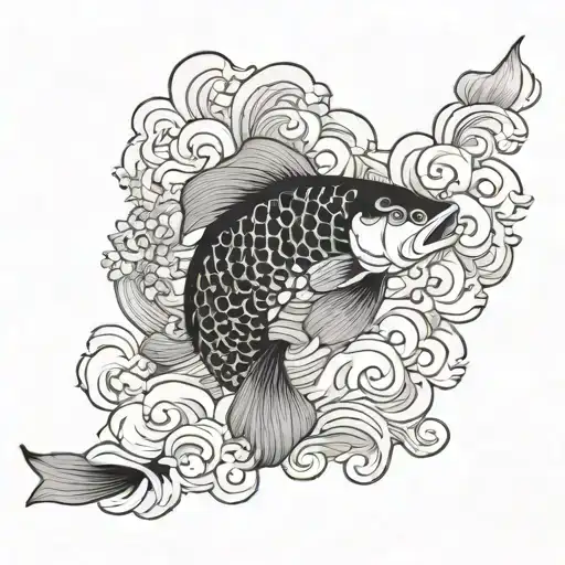 A black and grey Japanese style koi fish with intricate waves and clouds in the background, representing strength and perseverance tattoo design idea