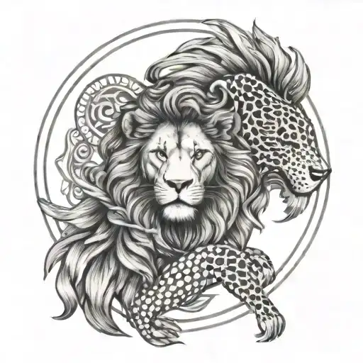 A lion and hawk intertwined in a yin yang symbol, representing strength and balance in a dotwork tattoo tattoo design idea