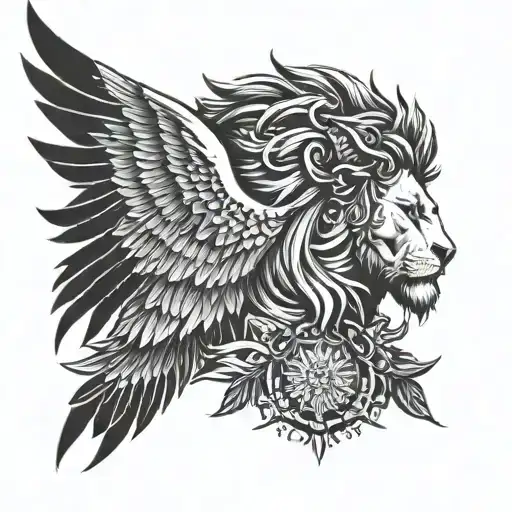 A man with a lion's head and a hawk's wings, embodying strength and freedom in a blackwork tattoo tattoo design idea