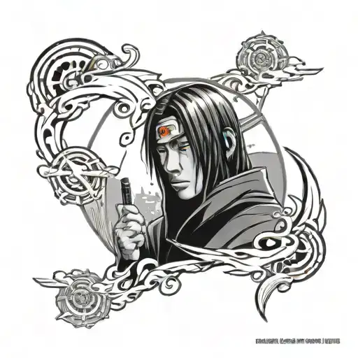 A tattoo design of Itachi Uchiha in a GTA style, incorporating elements of time and effort tattoo design idea