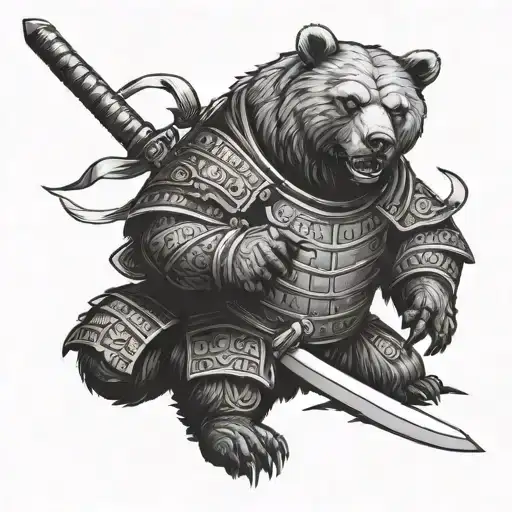 A bear adorned with samurai armor, holding a sword in a black-grey tattoo tattoo design idea