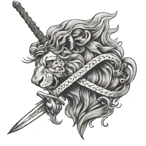 A sword-wielding warrior lion showcasing endurance and kindness tattoo design idea