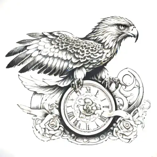 A hawk soaring through the sky with a clock and hourglass in its talons tattoo design idea