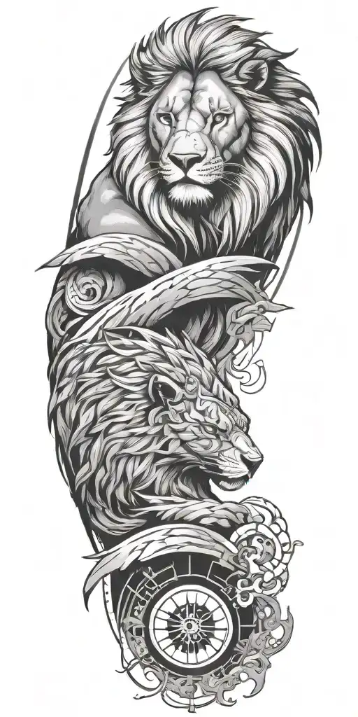 A majestic lion and hawk intertwined in a yin-yang symbol, with a subtle samurai silhouette in the background tattoo design idea