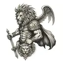 A tattoo design of a warrior with a lion head and wings, symbolizing strength and loyalty tattoo design idea
