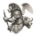 A tattoo design of a warrior with a lion head and wings, symbolizing strength and loyalty tattoo design idea