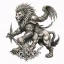 A tattoo design of a warrior with a lion head and wings, symbolizing strength and loyalty tattoo design idea