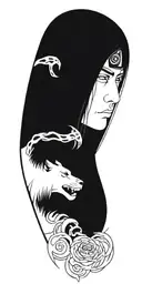 A tattoo design combining elements of Itachi Uchiha and a lion in a Japanese style tattoo design idea