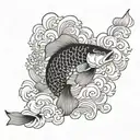 A black and grey Japanese style koi fish with intricate waves and clouds in the background, representing strength and perseverance tattoo design idea