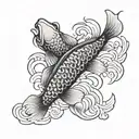 A black and grey Japanese style koi fish with intricate waves and clouds in the background, representing strength and perseverance tattoo design idea