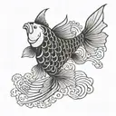 A black and grey Japanese style koi fish with intricate waves and clouds in the background, representing strength and perseverance tattoo design idea