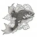 A black and grey Japanese style koi fish with intricate waves and clouds in the background, representing strength and perseverance tattoo design idea