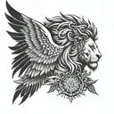 A man with a lion's head and a hawk's wings, embodying strength and freedom in a blackwork tattoo tattoo design idea