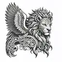 A man with a lion's head and a hawk's wings, embodying strength and freedom in a blackwork tattoo tattoo design idea
