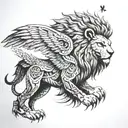 A man with a lion's head and a hawk's wings, embodying strength and freedom in a blackwork tattoo tattoo design idea