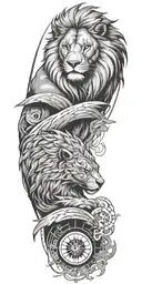 A majestic lion and hawk intertwined in a yin-yang symbol, with a subtle samurai silhouette in the background tattoo design idea