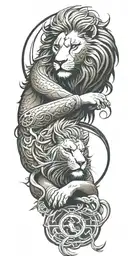 A majestic lion and hawk intertwined in a yin-yang symbol, with a subtle samurai silhouette in the background tattoo design idea