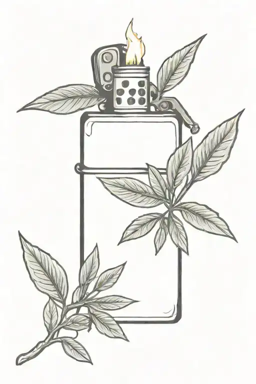 simple zippo lighter cap open with no flame but olive branch growing out of it upwards, perfect lines, deep black lines tattoo design idea