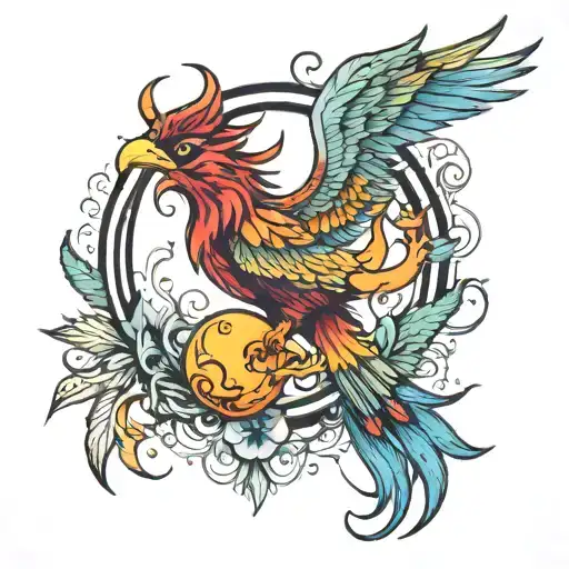 phoenix with a colorful sun and a moon with faces on them tattoo design idea