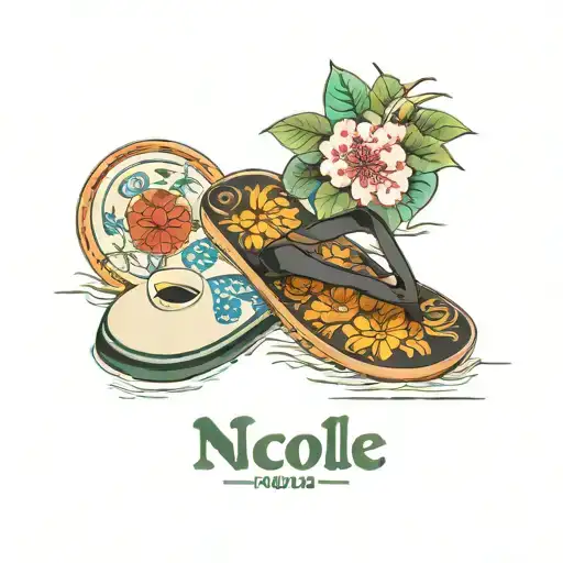frying pan and flip flop next to the name Nicolle in Japanese tattoo design idea