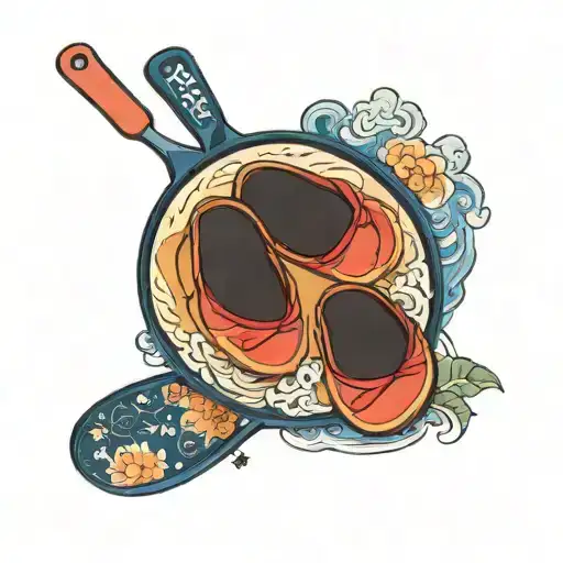 a frying pan and a flip flop next to the name Nicolle in Japanese tattoo design idea