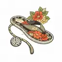 frying pan and flip flop next to the name Nicolle in Japanese tattoo design idea