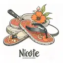 frying pan and flip flop next to the name Nicolle in Japanese tattoo design idea