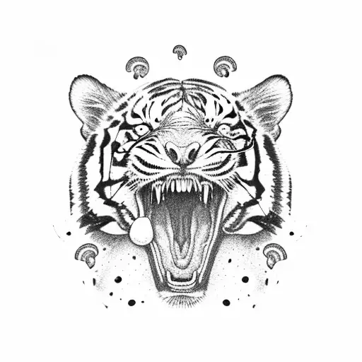 a worm with a tiger's head crawls against the background of a rainbow and holds a large mushroom in its mouth tattoo design idea