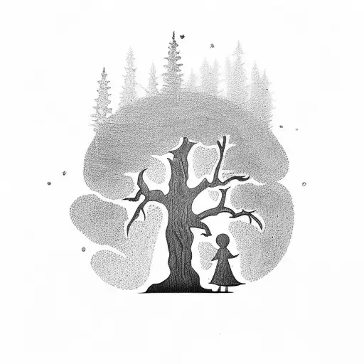 A tattoo design of a mother and child silhouette within a redwood tree, symbolizing the bond between parent and child tattoo design idea