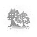 A tattoo design of a mother and child silhouette within a redwood tree, symbolizing the bond between parent and child tattoo design idea