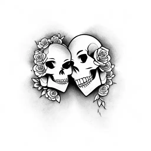 couple tattoo one with skull and one with flowers that say kinda emotionless and kinda emotional tattoo design idea