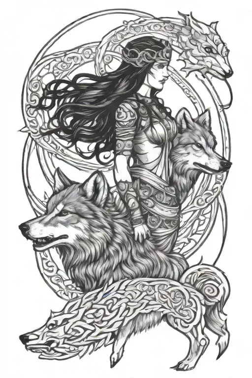 skadi goddess and wolf tattoo design idea